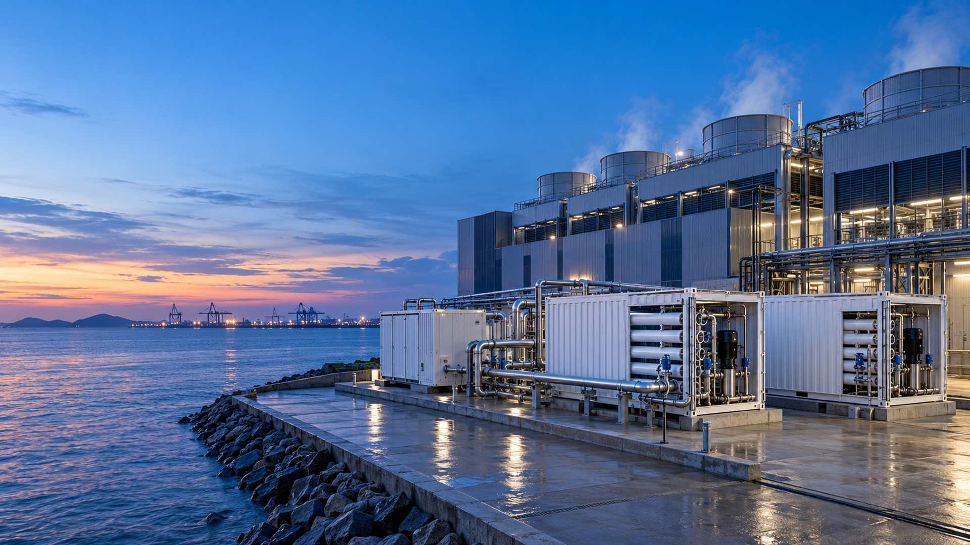 Concept rendering of containerized seawater desalination supplying cooling-tower makeup water for a coastal AI data center in Asia