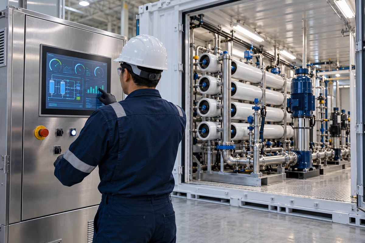 Concept rendering of PLC/HMI controls and a containerized SWRO system during factory acceptance testing